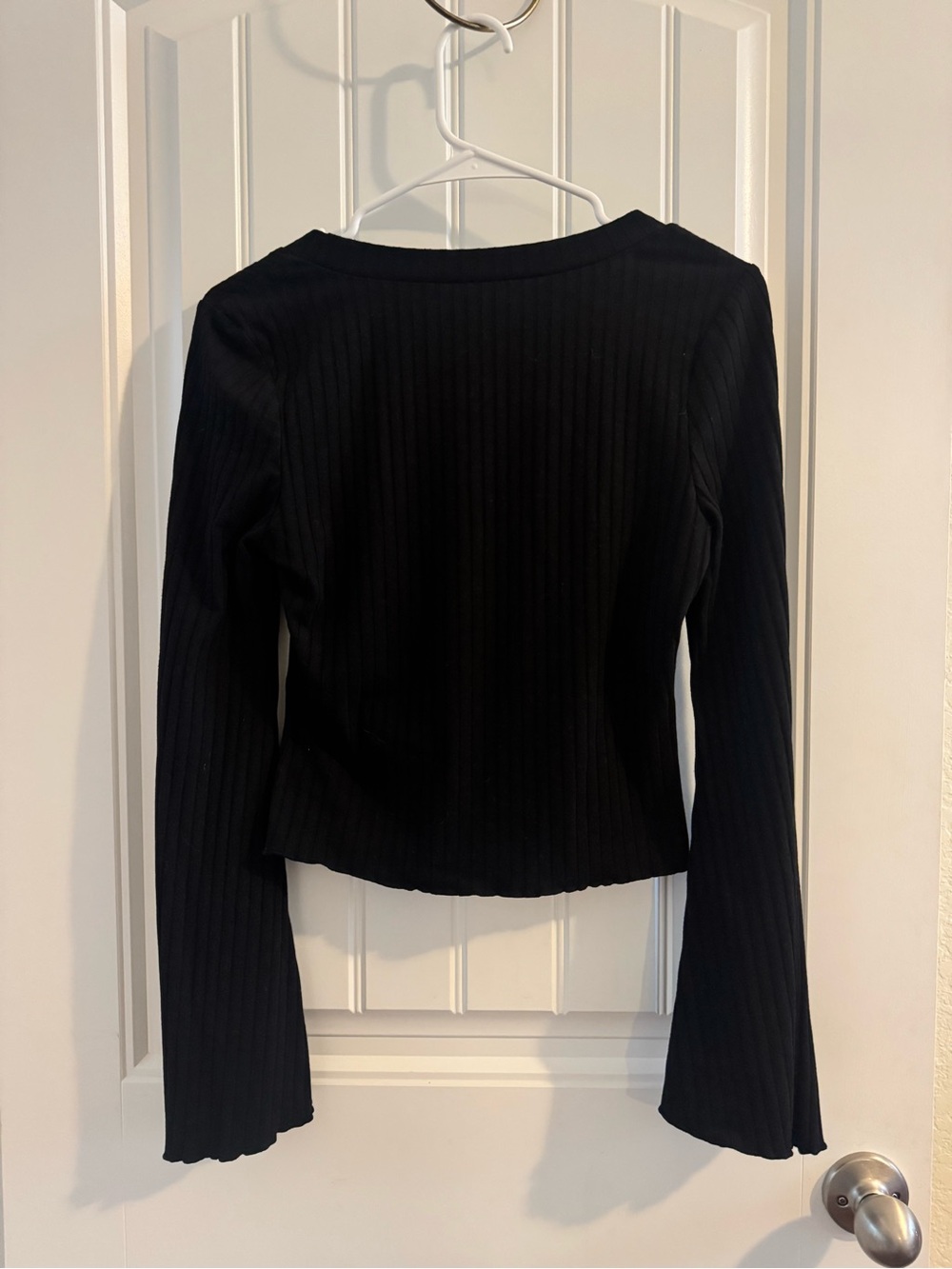 SHEIN Black Ribbed Sweetheart Bell-Sleeve Top with Bow Y2K - Picture 3 of 6